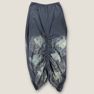 Barclay Hand Printed Organic Cotton Ruched Midi Skirt Black Teal Art To Wear L